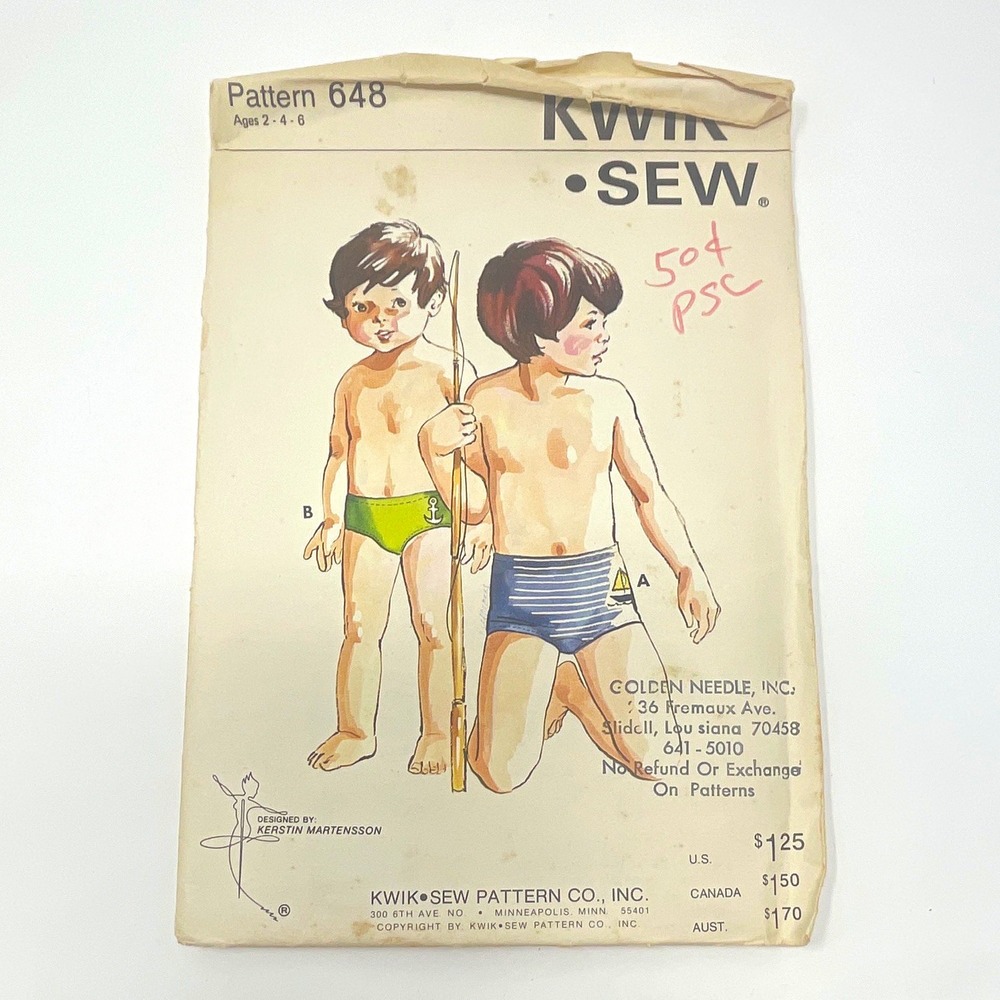 Kwik Sew 648 Boys/Child Swim Trunks Sewing Pattern Ages 2 4 6 Unopened